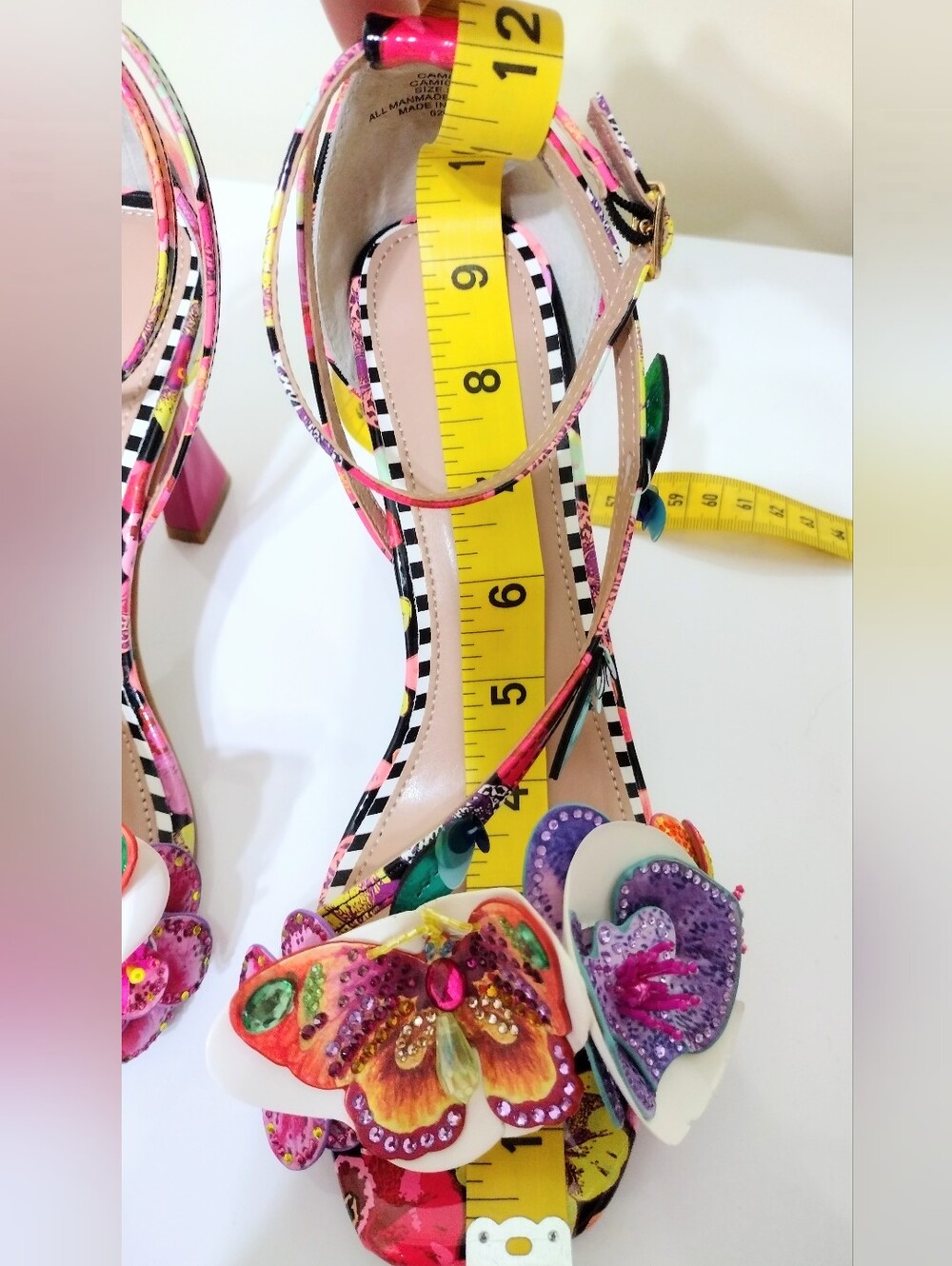 Betsey Johnson Sz 6.5 Chic Multicolor Floral Butterfly Appliqué Heels - Picture 9 of 14
